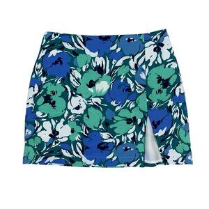 Bailey Rose Blue Green Floral Mini Skirt‎ High Waist Slit Front Small